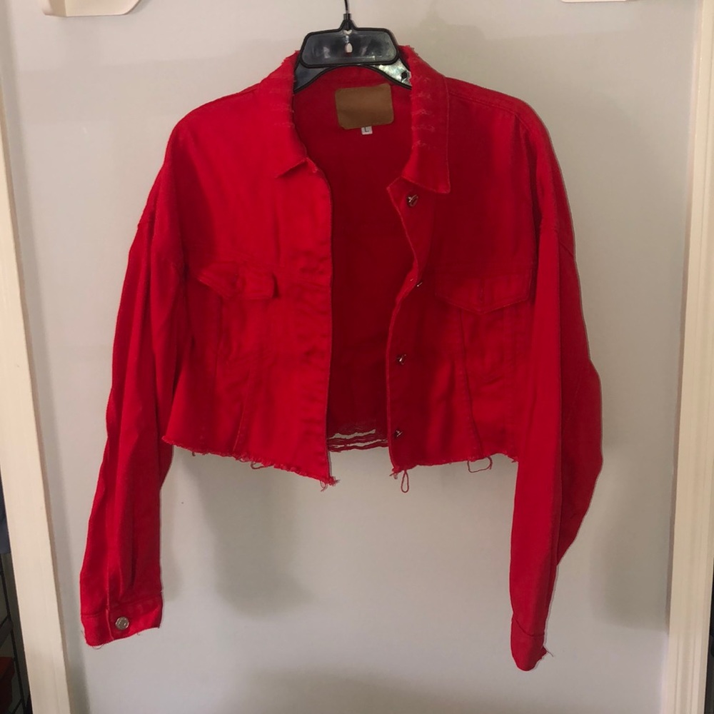 Red Alternative Distressed Denim Jacket